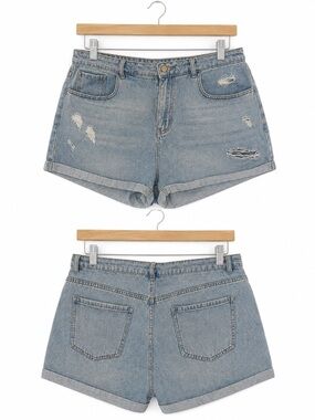 Plus Size - Blue Ripped Distressed High-Rise Denim Shorts